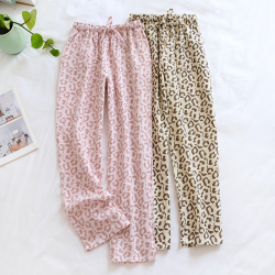 2025 spring and summer new ladies pants 100% cotton crepe leopard print pajamas sweat-absorbent breathable home pants trousers