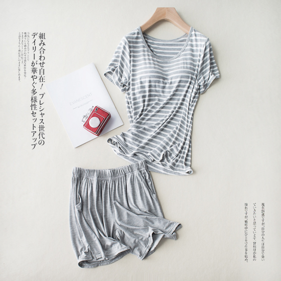 New Modal Lady Short Sleeve Pajamas Set with Bra Pad Bra One Piece Half Sleeve Shorts Striped Loose Large Size Home Wear Set