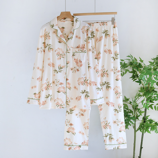 2025 New Spring and Autumn Women's Pajama Set 100% Cotton Knitted Long Sleeve Two Piece Loose Printed Home Clothes Ladies