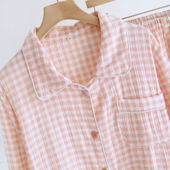 2025 Spring/Summer New Women's Sleepwear Long Set 100% Cotton Plaid Long Sleeve Long Pants Two Piece Set Collar Home Clothes