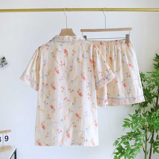 2025 New Summer Women's Pajama Set 100% Cotton Short sleeved Shorts Two piece Sweet Cartoon Flip Collar Thin Home Fury Set