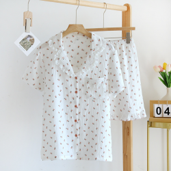 Japanese new style summer cotton short-sleeved shorts pajamas suit women double gauze cute strawberry thin home service women