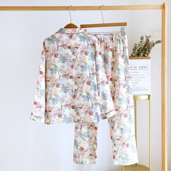2025 New Spring and Autumn Women's Pajama Set 100% Cotton Printed Polo Collar Long Sleeve Two Piece Loose Floral Home Furnishing