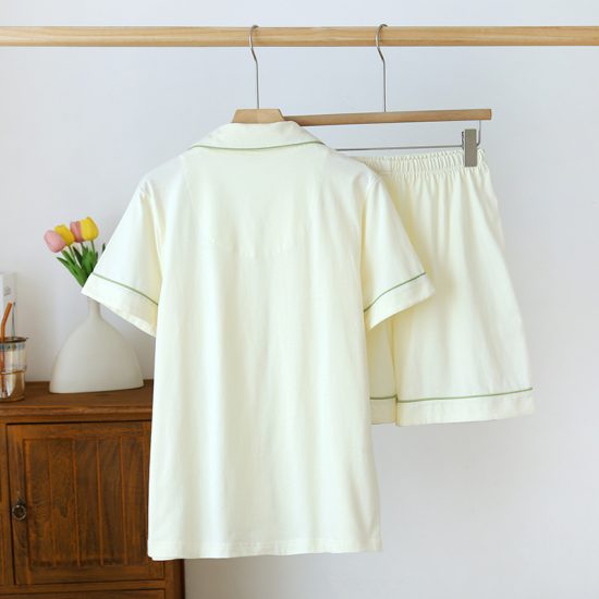 2025 Summer New Women's Pajama Set 100% Knitted Cotton Short Sleeve Shorts Two Piece Cardigan Solid Color Casual Large Homewear