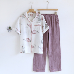2025 Japanese Summer New Women's Pajama Set Short Sleeve+Long Pants Two piece Set 100%Cotton Thin Cardigan Home Furnishing Fresh