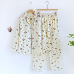 2025 Spring/Summer New Women's Pajama Set 100% Pure Cotton Double Layer Gauze Long Sleeve Two Piece Cartoon Cute Sweet Home Fury