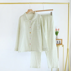 2025 Spring/Summer New Women's Sleepwear Long Set 100% Cotton Plaid Long Sleeve Long Pants Two Piece Set Collar Home Clothes