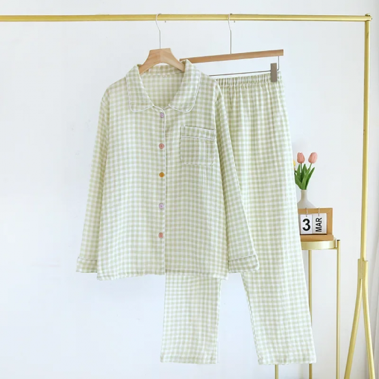 2025 Spring/Summer New Women's Sleepwear Long Set 100% Cotton Plaid Long Sleeve Long Pants Two Piece Set Collar Home Clothes