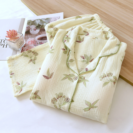 2025 New Women's Pajama Set 100% Cotton Crepe with Chest Pads, Long sleeved Pants, Cardigan, Home Furnishing Two Piece Set