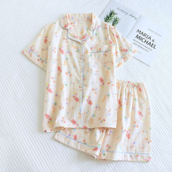 2025 New Summer Women's Pajama Set 100% Cotton Short sleeved Shorts Two piece Sweet Cartoon Flip Collar Thin Home Fury Set