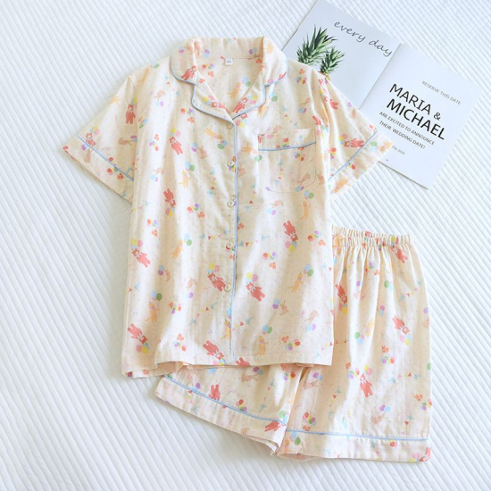 2025 New Summer Women's Pajama Set 100% Cotton Short sleeved Shorts Two piece Sweet Cartoon Flip Collar Thin Home Fury Set