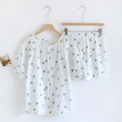 2025 Japanese New Women's Pajama Set 100% Pure Cotton Crepe Short sleeved Shorts Two piece Loose and Cute Home Fury Sleepwear