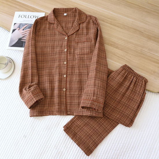 2025 Women's New Spring and Autumn Pajama Set 100% Cotton Long Sleeve Long Pants Two Piece Set Loose Collar Home Clothes Ladies