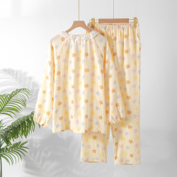 2025 New Spring/Summer Women's Pajama Set Pure Cotton Crepe Sweet and Cute Long Sleeve Long Pants Two Piece Home Clothes