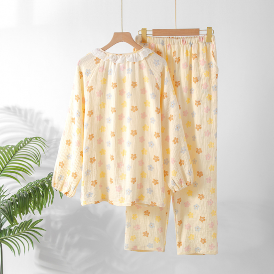 2025 New Spring/Summer Women's Pajama Set Pure Cotton Crepe Sweet and Cute Long Sleeve Long Pants Two Piece Home Clothes