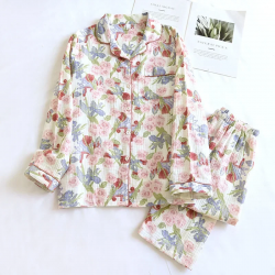 2025 New Spring and Autumn Women's Pajama Set 100% Cotton Printed Polo Collar Long Sleeve Two Piece Loose Floral Home Furnishing