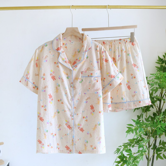 2025 New Summer Women's Pajama Set 100% Cotton Short sleeved Shorts Two piece Sweet Cartoon Flip Collar Thin Home Fury Set