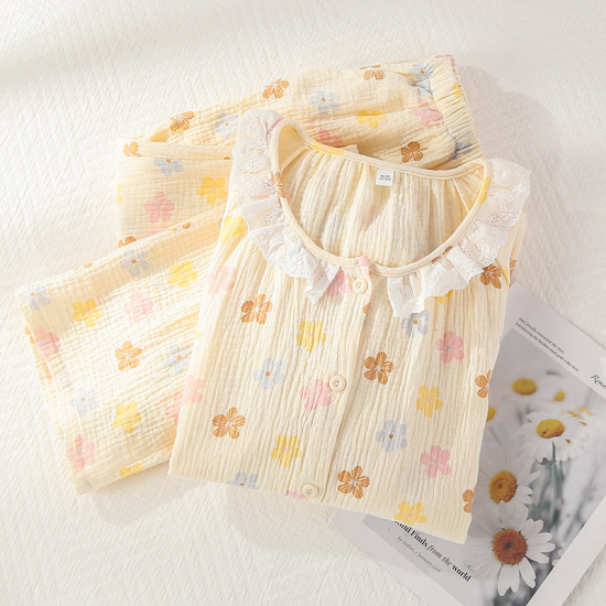 2025 New Spring/Summer Women's Pajama Set Pure Cotton Crepe Sweet and Cute Long Sleeve Long Pants Two Piece Home Clothes