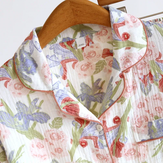 2025 New Spring and Autumn Women's Pajama Set 100% Cotton Printed Polo Collar Long Sleeve Two Piece Loose Floral Home Furnishing