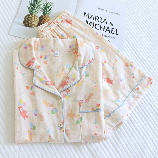 2025 New Summer Women's Pajama Set 100% Cotton Short sleeved Shorts Two piece Sweet Cartoon Flip Collar Thin Home Fury Set