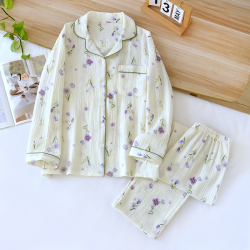 2025 Japanese Spring/Summer New Women's Pajama Set 100% Cotton Crepe Long Sleeve Two Piece Thin Home Fury Pajamas Ladies